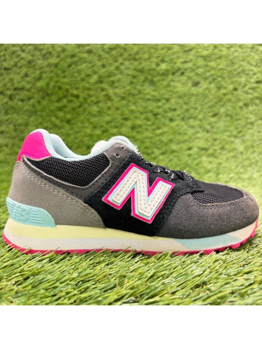 New Balance 574 Girls Size 11C Black Pink Blue Athletic Running Shoes Sneakers